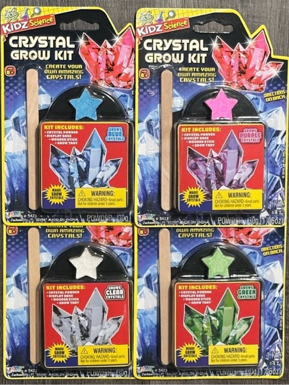 New Set of 4 Kidz Science Crystal Growing Kits in Blue, Green, Purple, & Clear